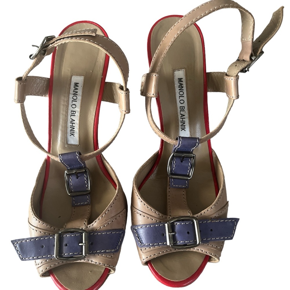 Manolo Blahnik Persefa Buckled T-Strap Sandal, Taupe/Blue/Red - Picture 2 of 7
